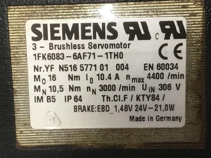 Used SIEMENS Brushless Servo Motor 1FK6083-6AF71-1TH0 Used