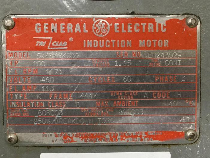 Used GENERAL ELECTRIC 100 HP Motor 5K444YK359 Used