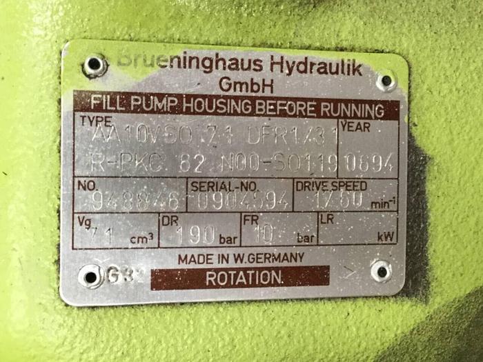 Used BRUENINGHAUS HYDROMATIK Hydraulic Pump AA10V5071 DFR1/3R-PKC62N00-SO119 Used