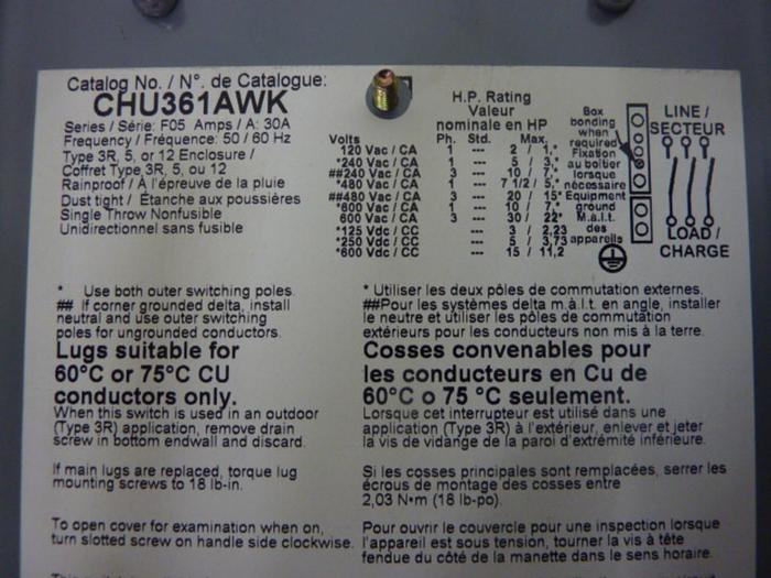 Used SQUARE D 30 Amp Safety Disconnect Switch CHU361AWK #50781