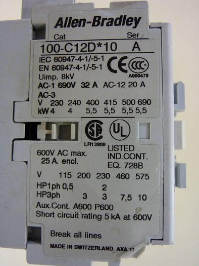 Used ALLEN BRADLEY Contactor 100-C12D.10 SER A #42085