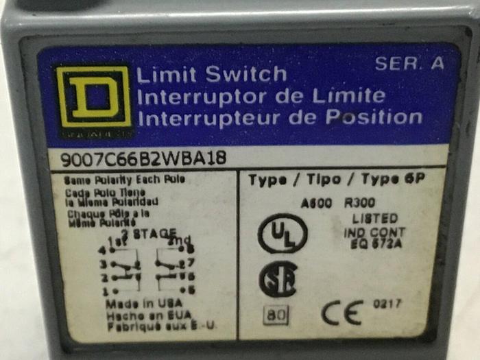 Used SQUARE D Limit Switch 9007-C66B2WBA18 Used