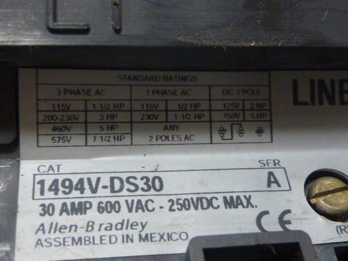 Used ALLEN BRADLEY 30 Amp Disconnect Switch 1494V-DS30 SER A #57391