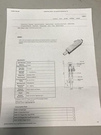 Used MUSASHI ELECTRIC KEIKI Dispenser Valve AV601 #120943