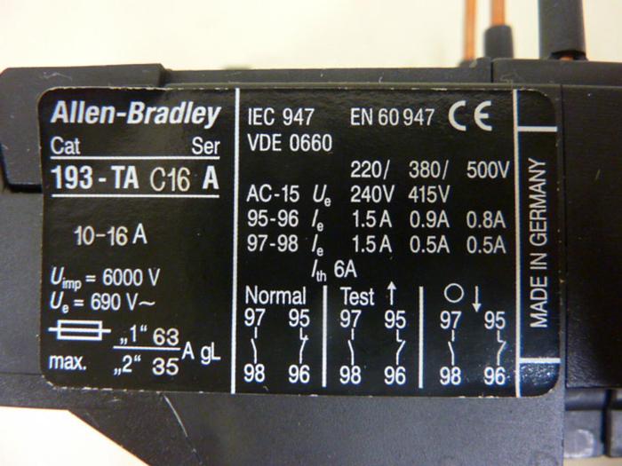 Used ALLEN BRADLEY Thermal Overload Relay 193-TAC16 SER A #51216