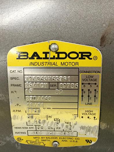 Used BALDOR 15 HP Motor 39K065W653G1 Used