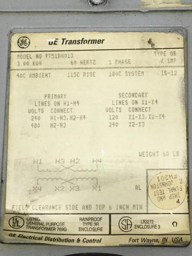 Used GENERAL ELECTRIC 3.00 kVA Transformer 9T51B0013 #106909