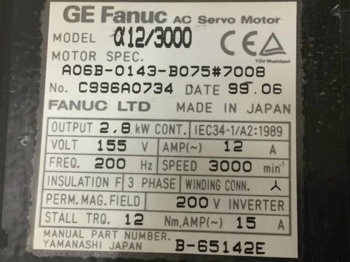Used GE FANUC 3.75 HP AC Servo Motor A06B-0143-B075 #93280
