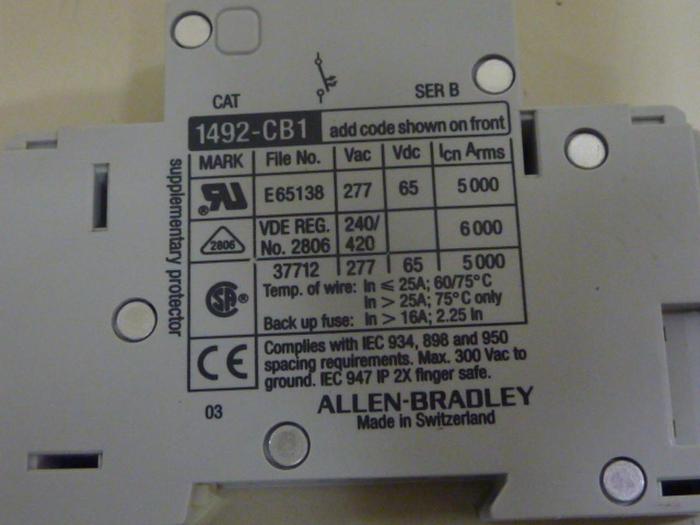 Used ALLEN BRADLEY 25 Amp Circuit Breaker 1492-CB1/H250 SER B #63789