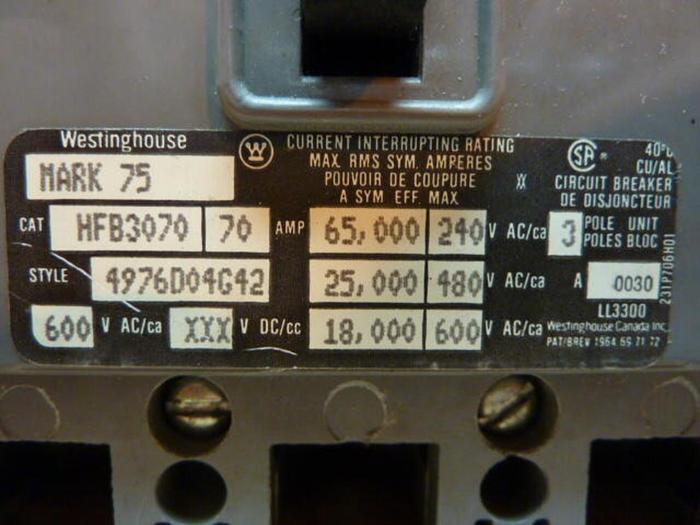 Used WESTINGHOUSE 70 Amp Circuit Breaker HFB3070 #27807