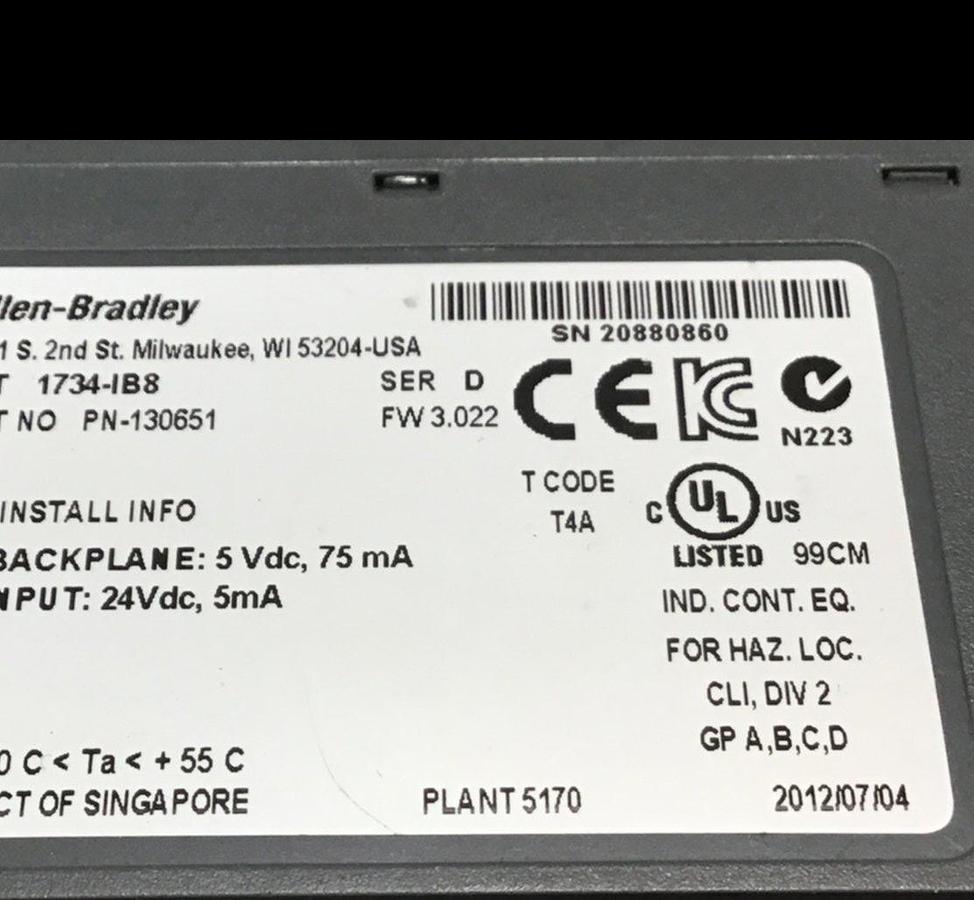 Used ALLEN BRADLEY Input Module 1734-IB8 SER D USED