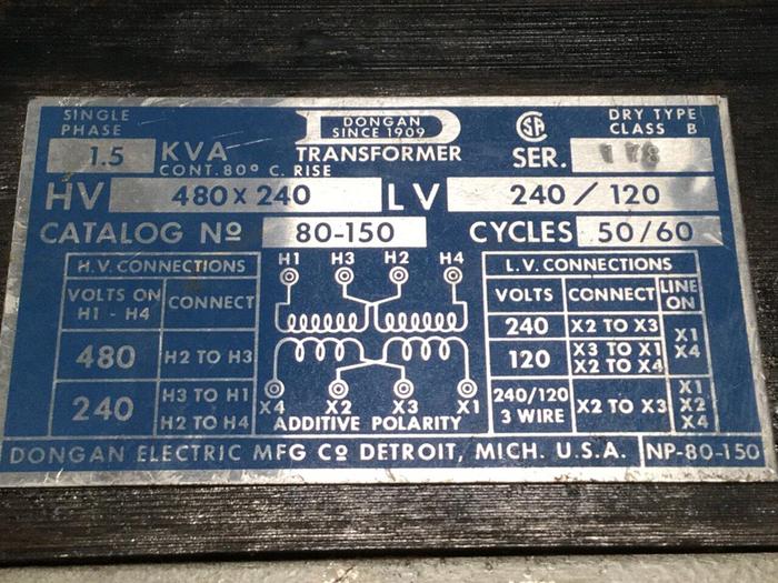 Used DONGAN 1.5 KVA Transformer 80-150 #109328