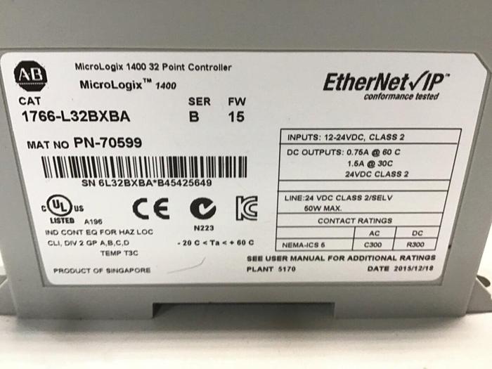 Used ALLEN BRADLEY Micro Logix 1400 1766-L32BXBA SER B Used #144892