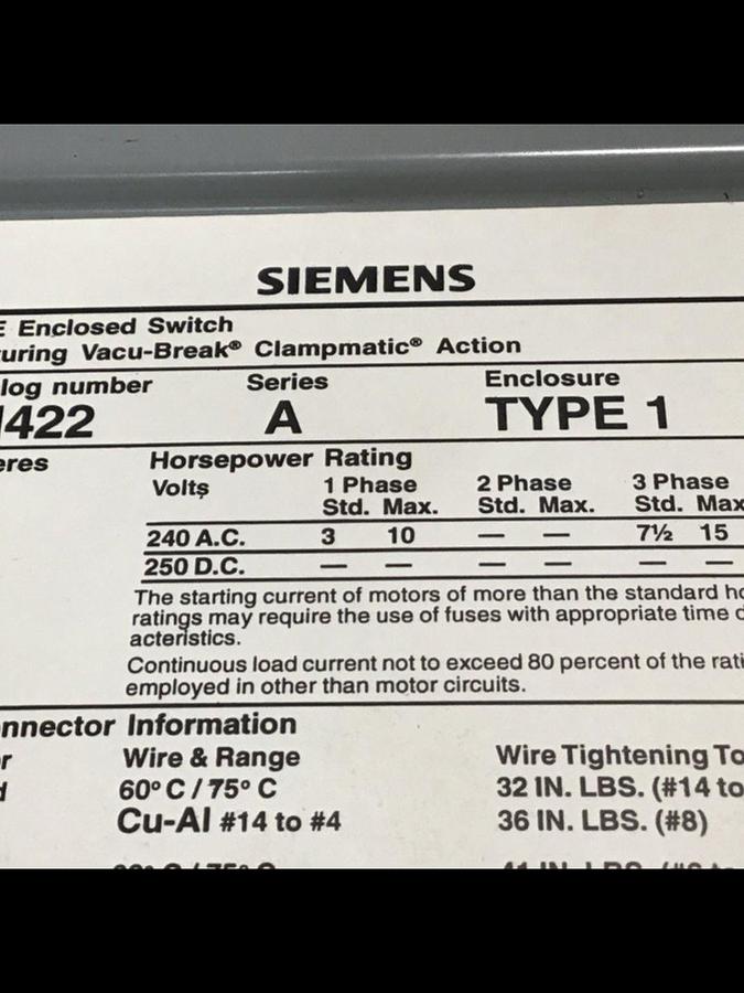 Used SIEMENS 60 Amp I-T-E Disconnect Switch JN422 USED