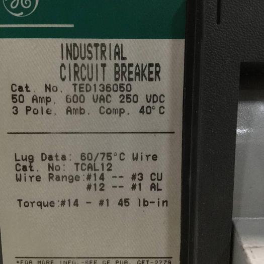 Used GE 50 Amp Circuit Breaker TED136050 #93856
