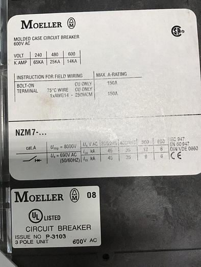 Used MOELLER 80 Amp Circuit Breaker NZM7-80N-NA #136076