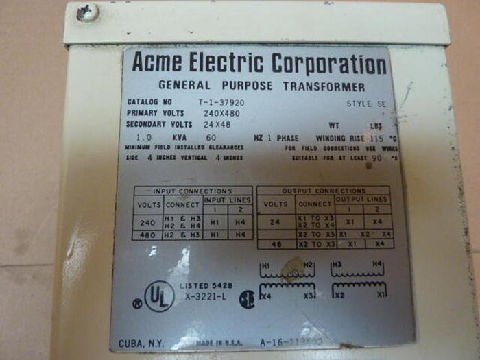 Used ACME ELECTRIC 1 kVA General Purpose Transformer T-1-37920 #34091
