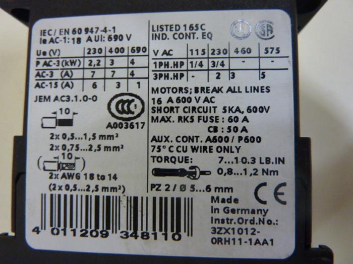 Used SIEMENS Contactor 3RT1015-1AK61 #50284