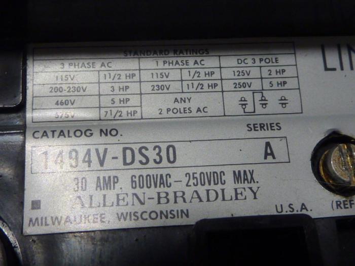 Used ALLEN BRADLEY 30 Amp Disconnect Switch 1494V-DS30 SER A #57387