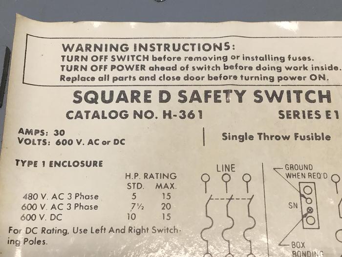 Used SQUARE D 30 Amp Safety Disconnect Switch H361 E1 Used