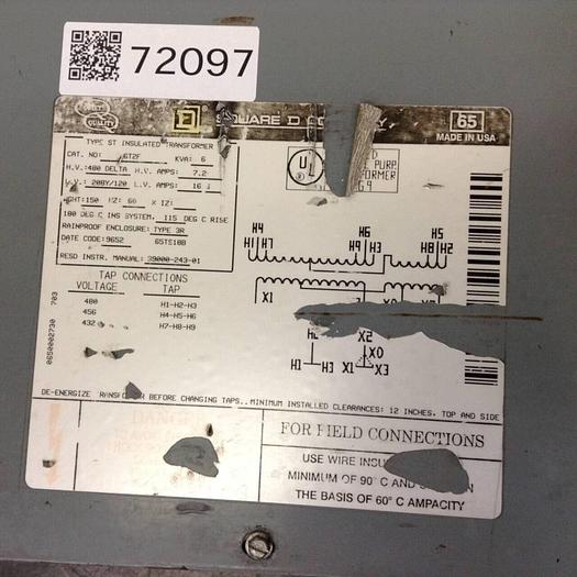 Used SQUARE D 6 kVA Transformer 6T2F #72097