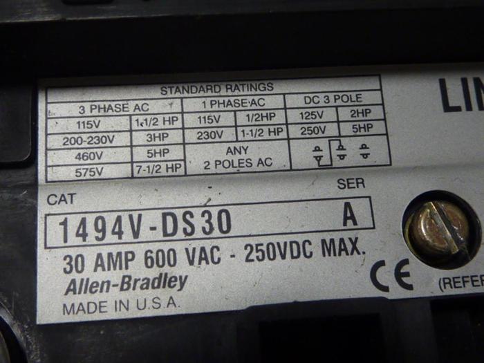 Used ALLEN BRADLEY 30 Amp Disconnect Switch 1494V-DS30 SER A #57404