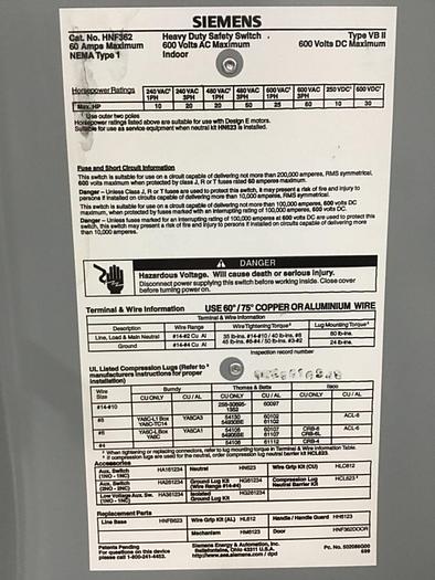 Used SIEMENS Heavy Duty Safety Disconnect Switch HNF362 #130227