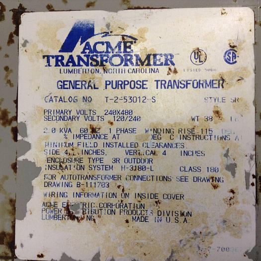 Used ACME 2.0 kVA Transformer T-2-53012-S #87113