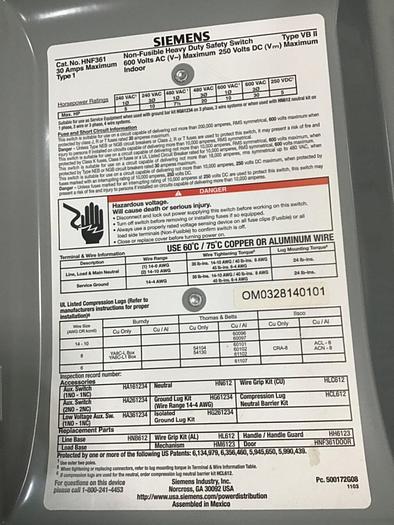 Used SIEMENS 30 Amp Safety Disconnect Switch HNF361 VBII #137850