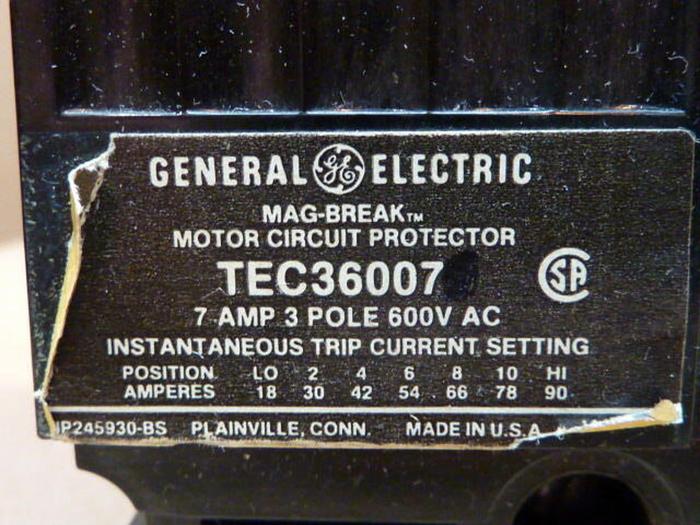 Used GENERAL ELECTRIC / GE 7 Amp Circuit Breaker TEC36007 #33572