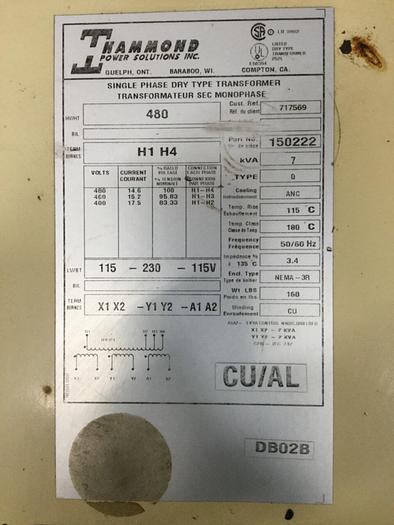 Used HAMMOND 7 kVA Dry Type Transformer 150222 #117019