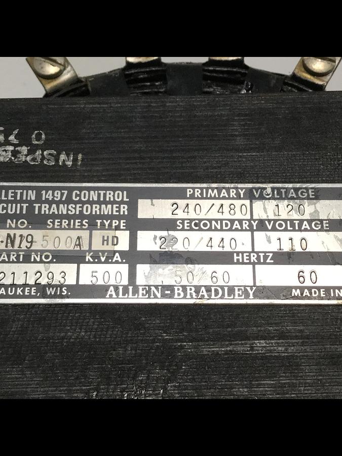 Used ALLEN BRADLEY .500 kVA Transformer 1497-N19 SER A Used