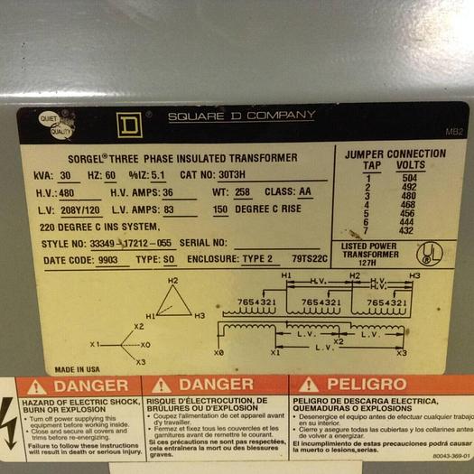 Used SQUARE D 30 kVA Transformer 30T3H Used