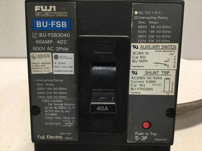 Used FUJI ELECTRIC 40 Amp Circuit Breaker BU-FSB3040 #104221