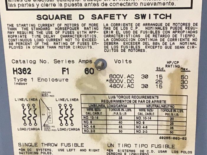 Used SQUARE D Safety Disconnect Switch H362 F1 #128050