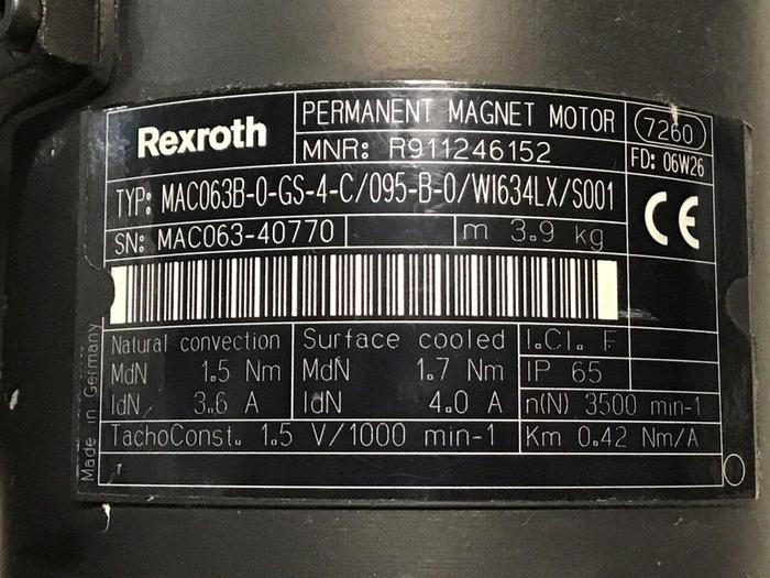 Used INDRAMAT Magnet Motor MAC063B-0-GS-4-C/095-B-0/WI634LX/S001 Used
