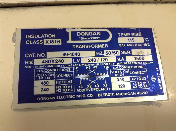 Used DONGAN 1.5 kVA Transformer 80-1040 #86918