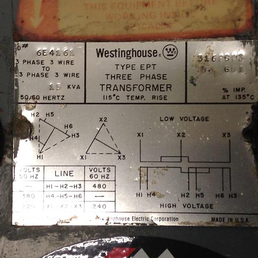 Used WESTINGHOUSE 15 kVA Transformer 6E4161 #88586