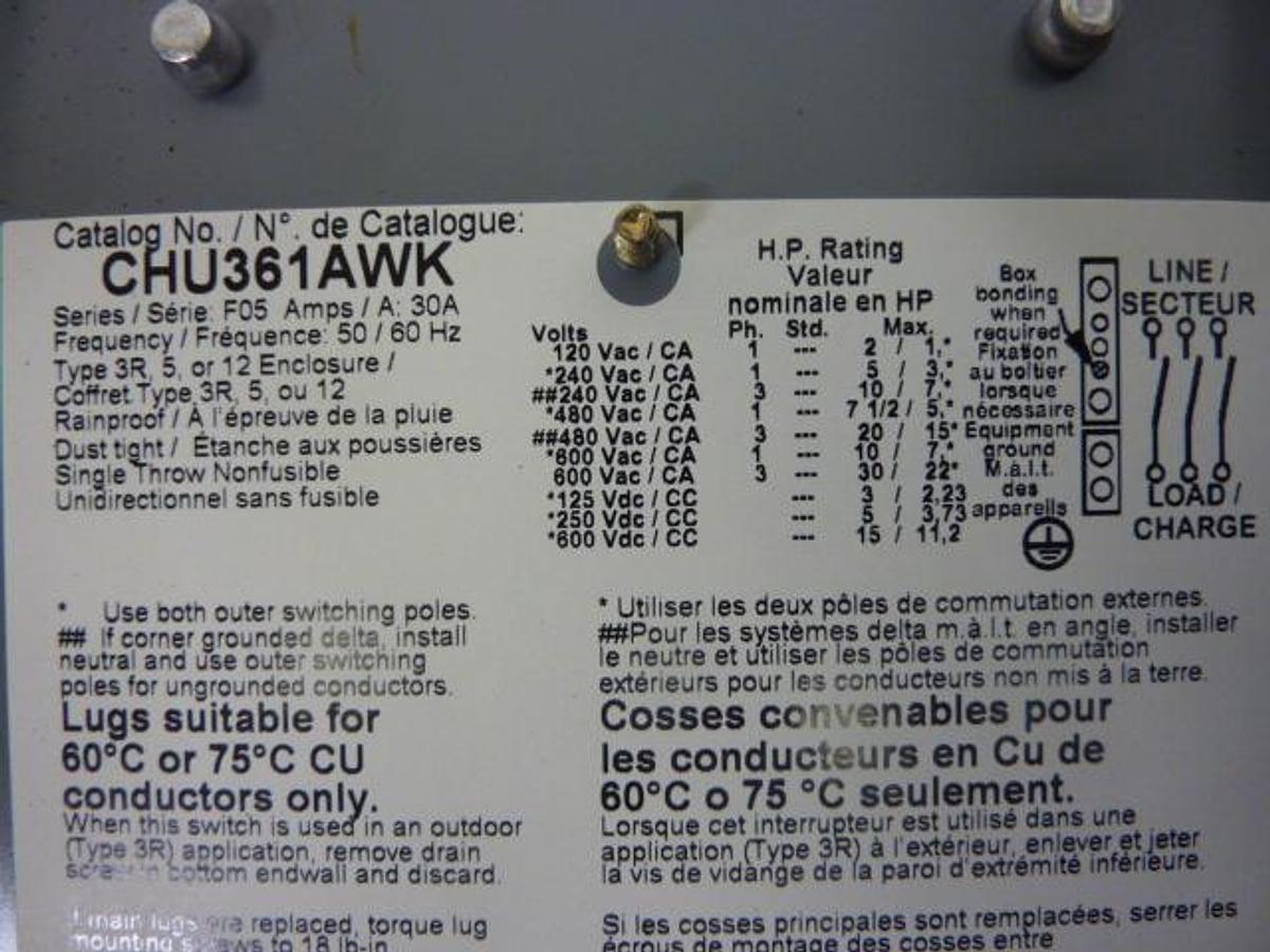 Used SQUARE D 30 Amp Safety Disconnect Switch CHU361AWK USED