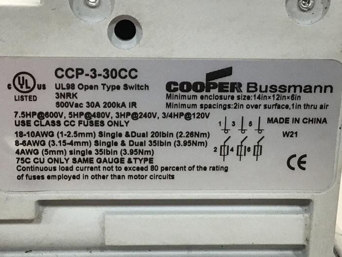 Used COOPER BUSSMANN 30 Amp Circuit Breaker CCP-3-30CC #119712