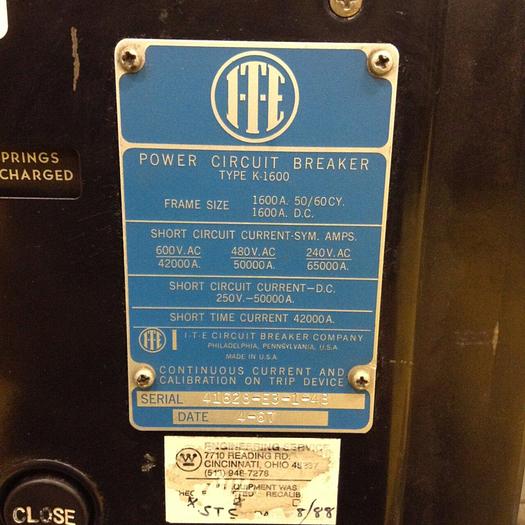 Used ITE IMPERIAL 1600 Amp Breaker K-1600 Used