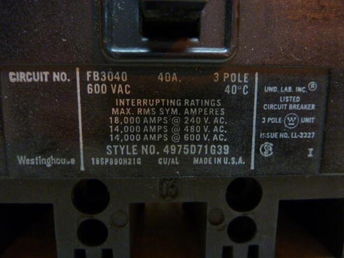 Used WESTINGHOUSE 40 Amp Circuit Breaker FB3040 #29953