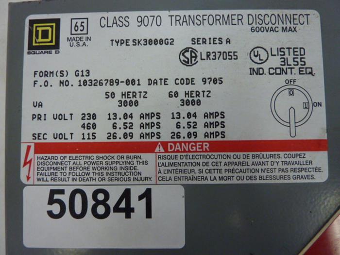 Used SQUARE D Transformer Disconnect 9070-SK3000G2 #50841