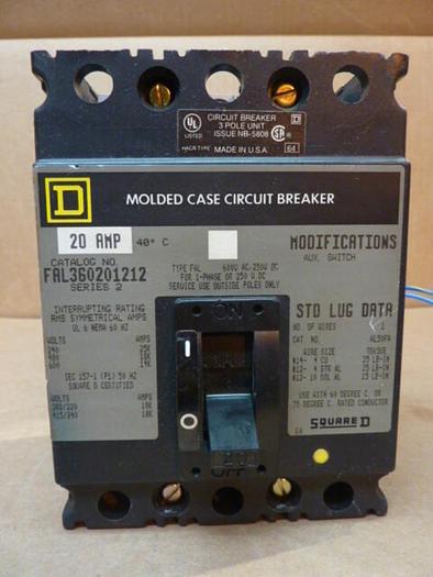 Used SQUARE D 20 Amp Circuit Breaker FAL360201212 USED