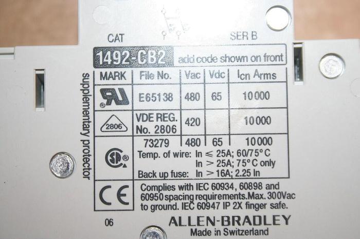 Used ALLEN BRADLEY 20 Amp Circuit Breaker 1492-CB2/F200 SER B #18840