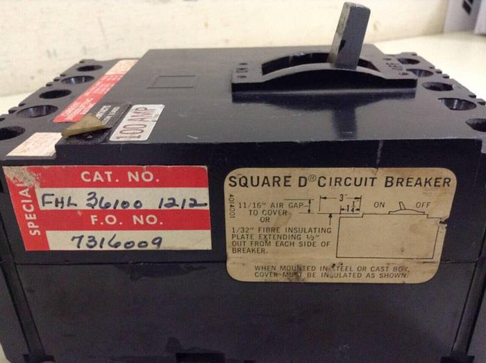 Used SQUARE D 100 Amp Circuit Breaker FHL 36100 1212 #70452