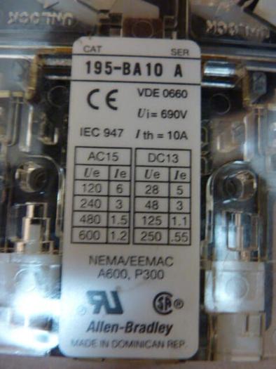 Used ALLEN BRADLEY Auxiliary Contact Kit 195-BA10 SER A #27814