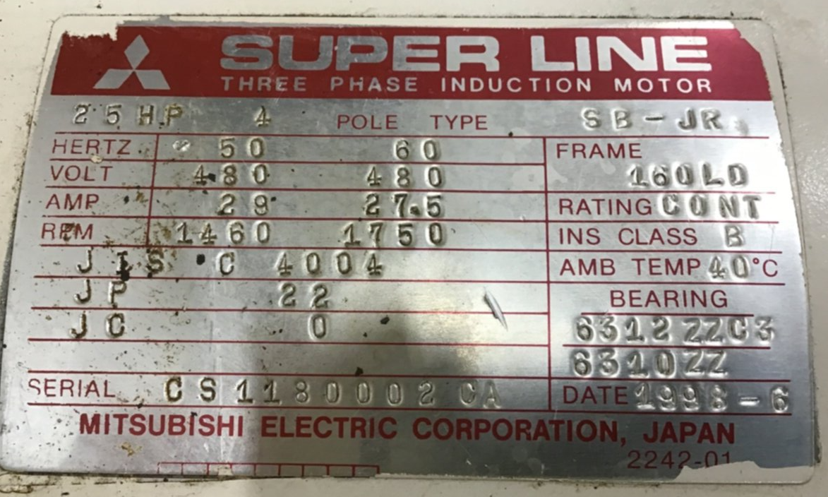 Used MITSUBISHI 25 HP Induction Motor SB-JR 25 HP Used