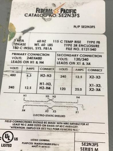 Used FEDERAL PACIFIC 3 KVA Transformer SE2N3FS #124071