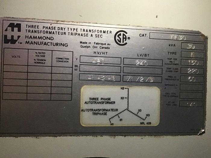 Used HAMMOND 30 kVA Transformer KF30 #138982